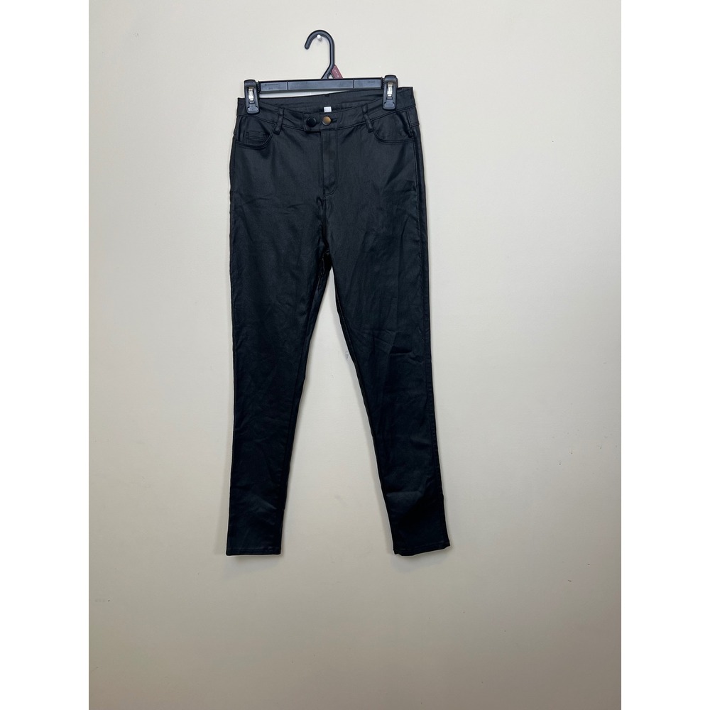 Black Coated Faux Leather High Rise Skinny Pants Double Button Stretch L - Picture 3 of 12